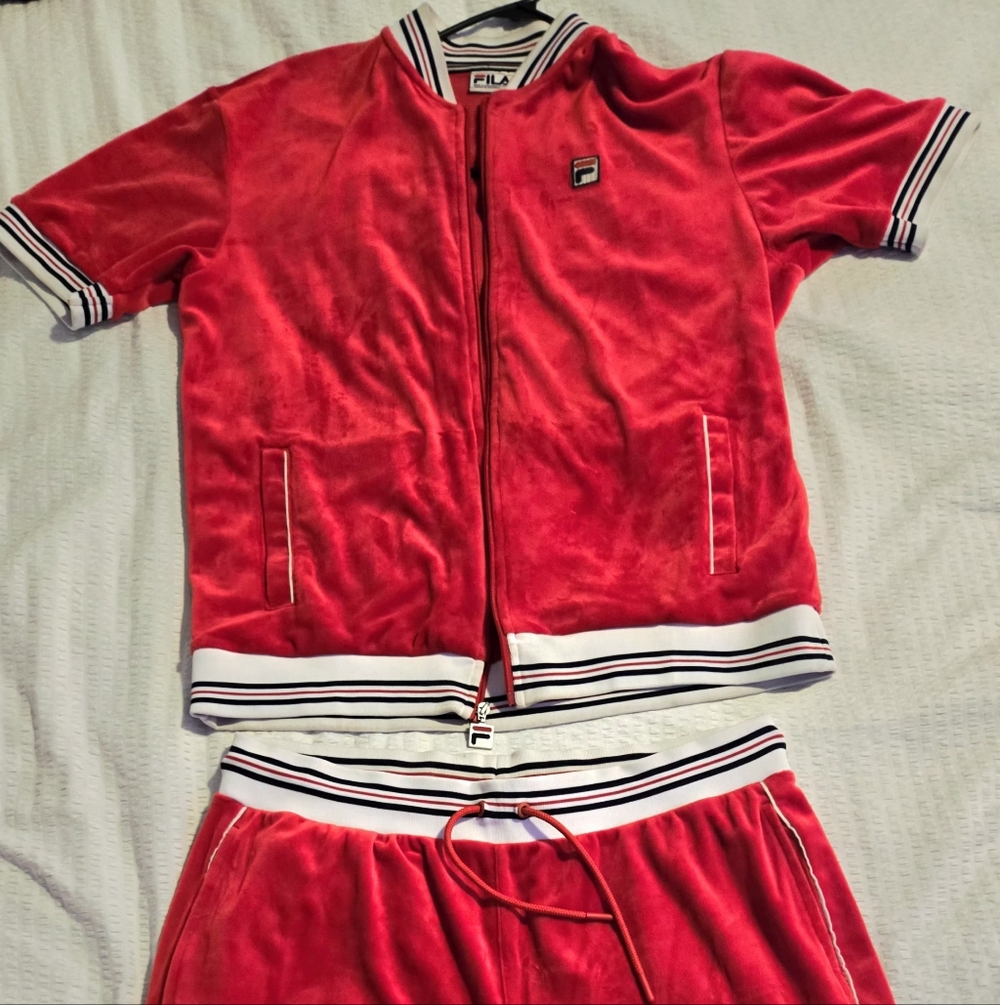 Fila Red Velour Tracksuit with White and Black Accents